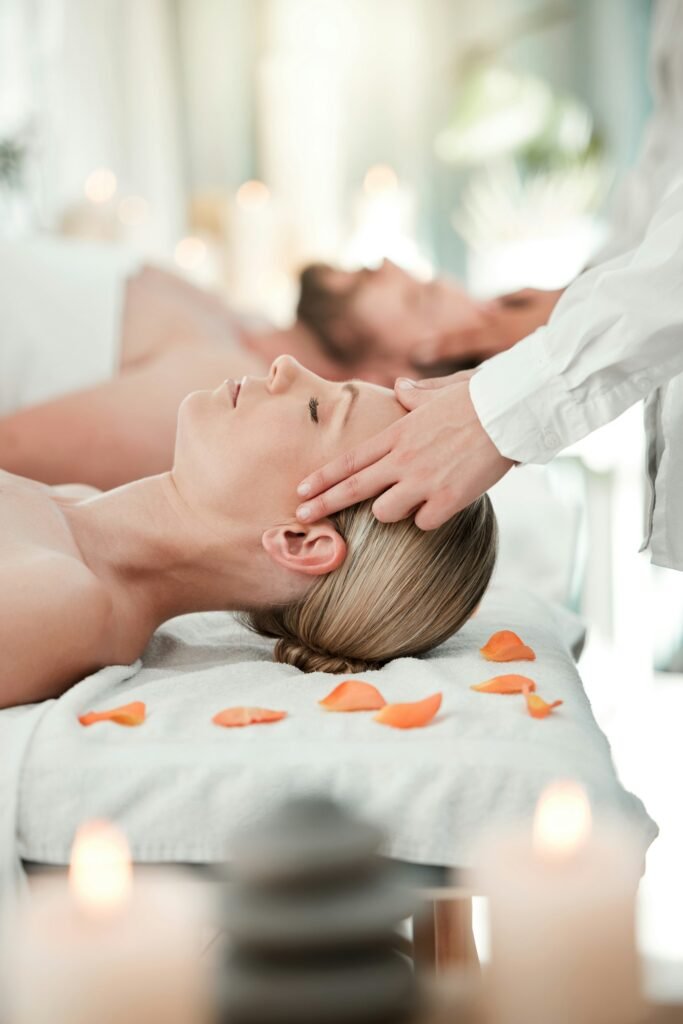 Spa, head massage and hand healthcare or skincare of a woman feeling relax and peace. Wellness, bea